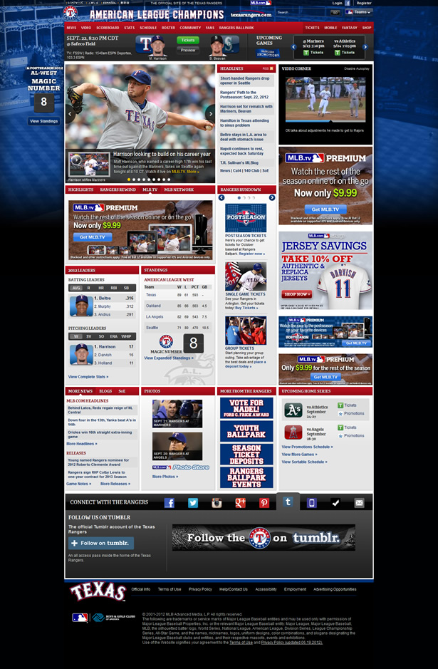 Texas Rangers website screengrab
